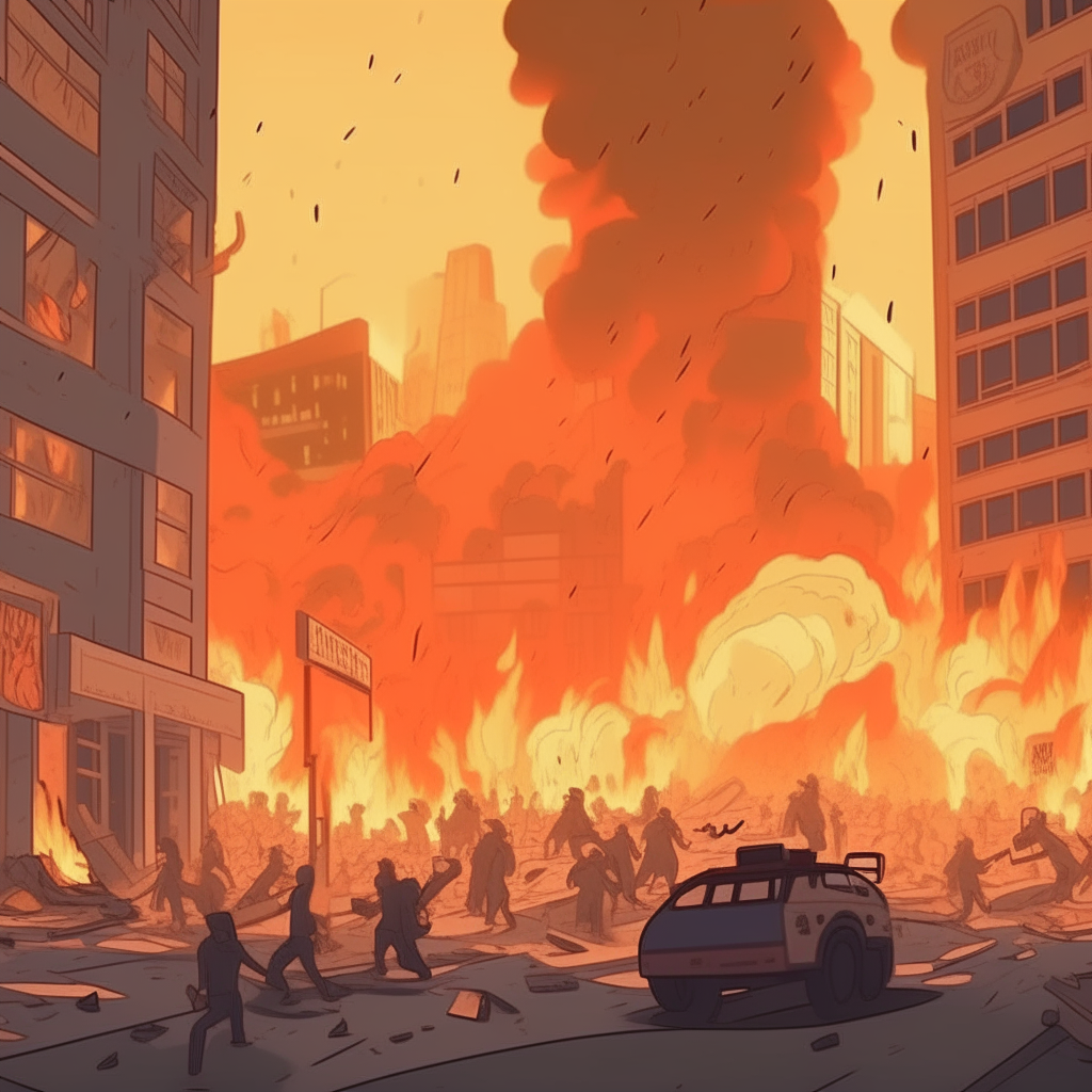 Chaos in the city, people are fighting, killings, fires, Animation.