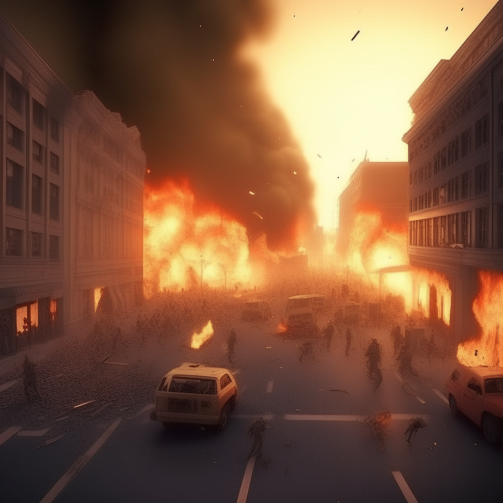 Chaos in the city, people are fighting, killings, fires, 3D.