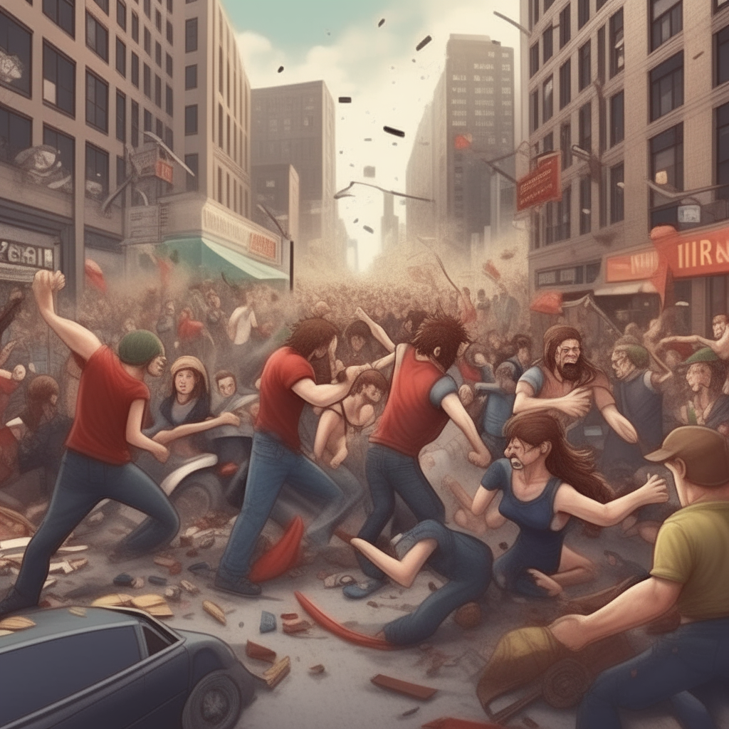 Chaos in the city, people are fighting with each other. Realistic