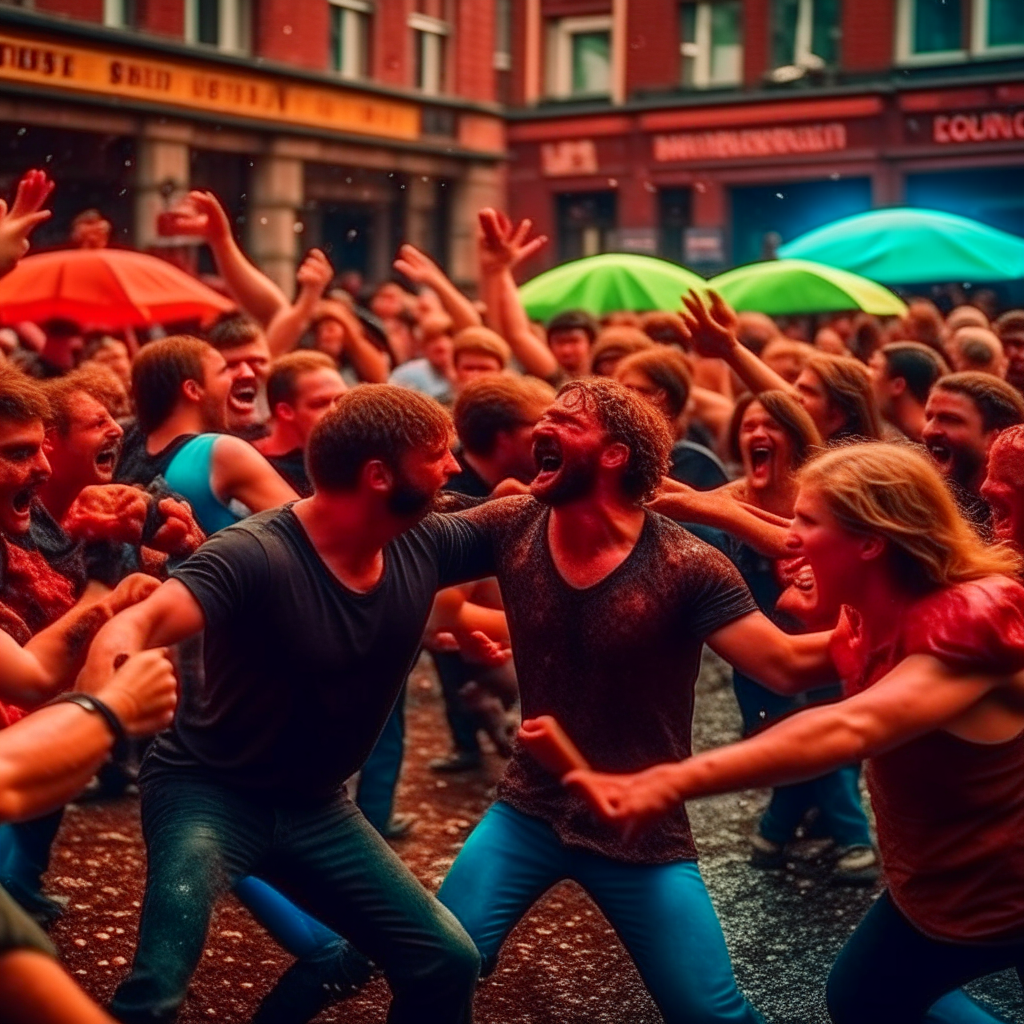 Chaos in the city, people are fighting with each other. Realistic