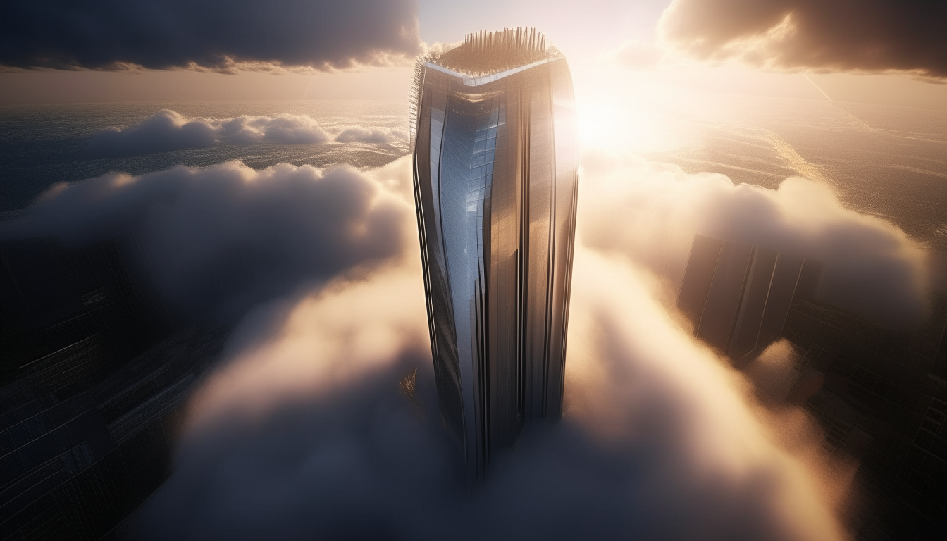 a futuristic skyscraper with a unique shape, viewed from above as the sun sets behind clouds in the distance, sunbeams streaming between the clouds and hitting the building