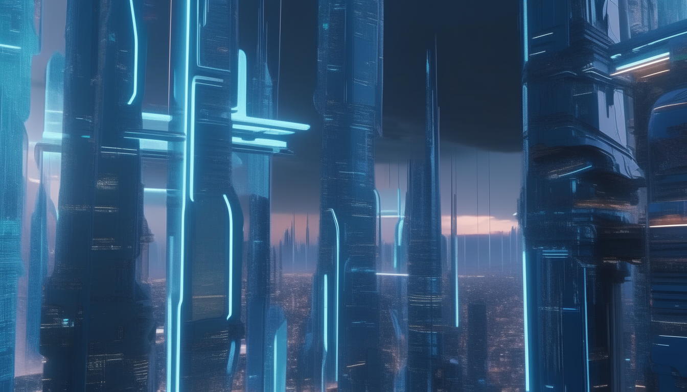 a futuristic cityscape with huge chrome skyscrapers, biomechanical cyber buildings, holographic signs and LED projections, extremely detailed 4k quality in a sci-fi fantasy style, 16:9 aspect ratio