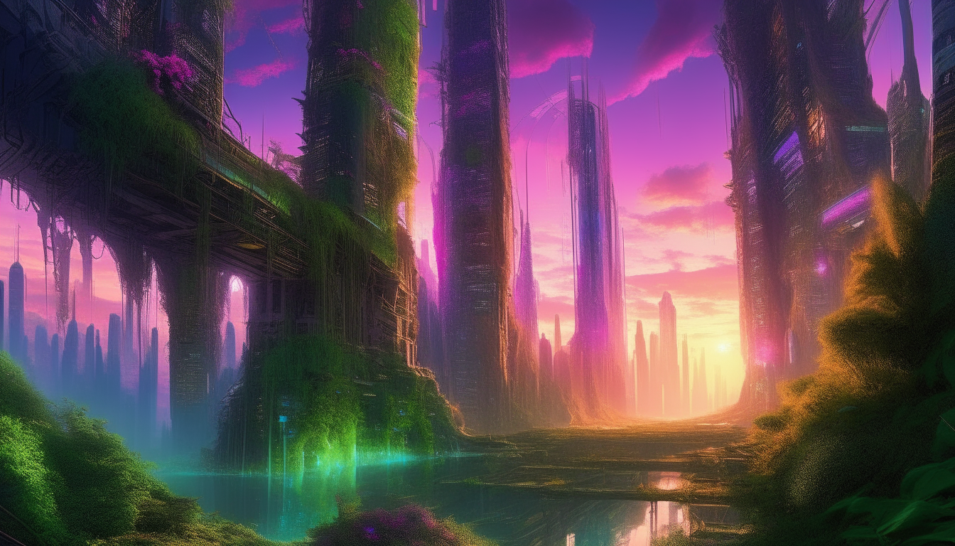 a futuristic cyberpunk city with towering chrome skyscrapers covered in green vines and foliage, shimmering pools reflect the buildings and vibrant purple sunset skies, extremely detailed intricate image, digital painting image ID: image-1