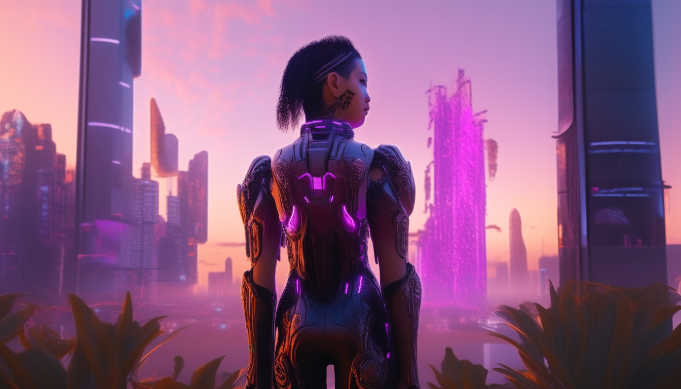 A beautiful female cyborg with robotic arms stands in front of a futuristic city with towering chrome skyscrapers covered in neon foliage, shimmering purple pools reflect the vibrant buildings and vivid sunrise skies, extremely detailed 4k digital matte painting, cinematic lighting image ID: image-3