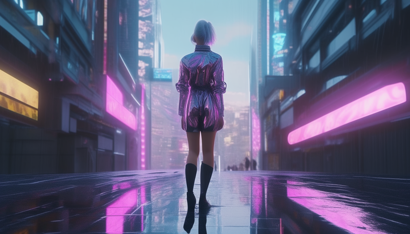 A beautiful silver chrome female cyborg walking along a street in a towering high tech futuristic city with shimmering pools reflecting neon skyscrapers, vivid pink and blue skies overhead, extremely detailed 4K digital matte painting, Blade Runner style image ID: image-6