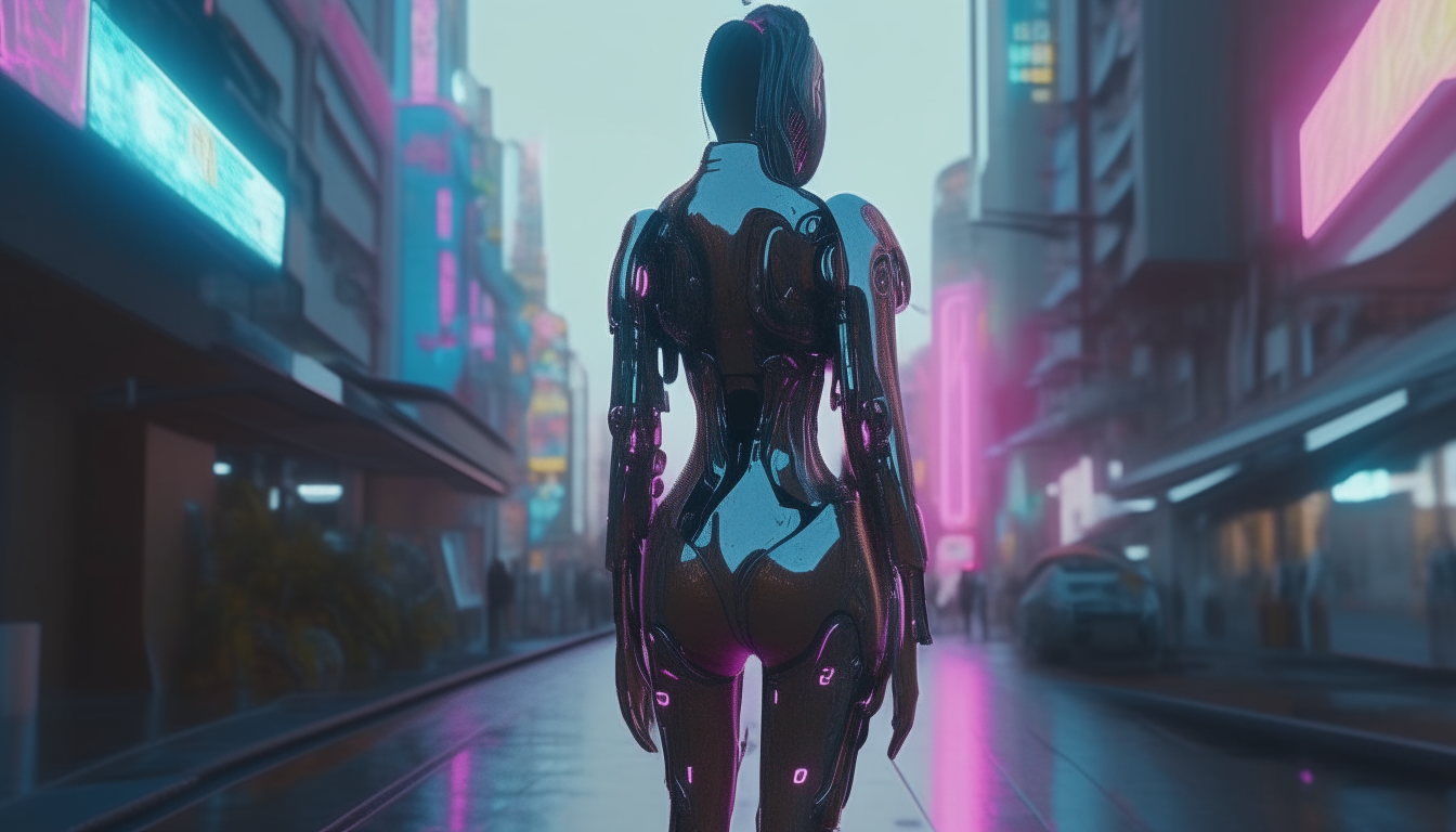 A beautiful chrome female cyborg with detailed robotic arms, legs, and circuits walking along a street in a towering high tech futuristic city with shimmering pools reflecting neon skyscrapers, vivid pink and blue skies overhead, extremely detailed 4K digital matte painting, Blade Runner style image ID: image-7