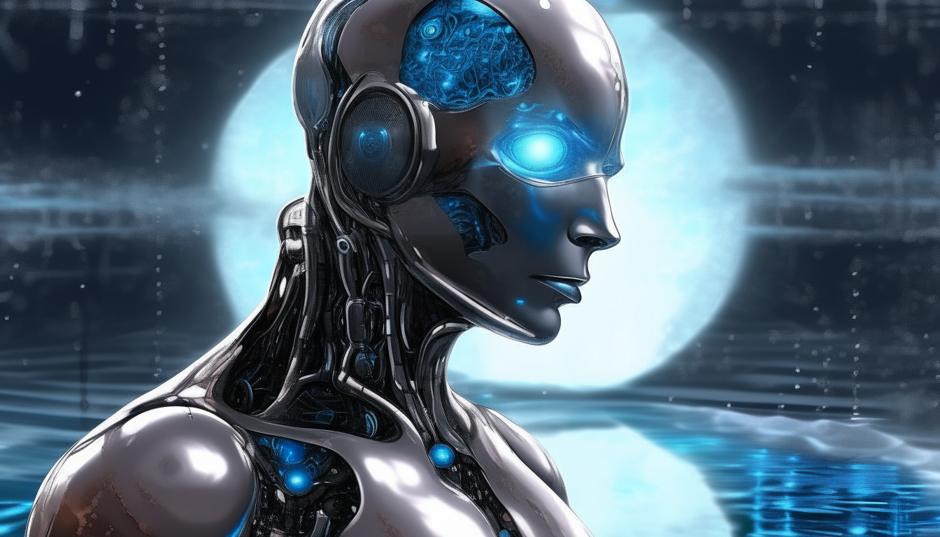 a beautiful chrome cyborg with glowing blue led eyes looking into a reflective cosmic pool, with clouds rushing by overhead, highly detailed painting