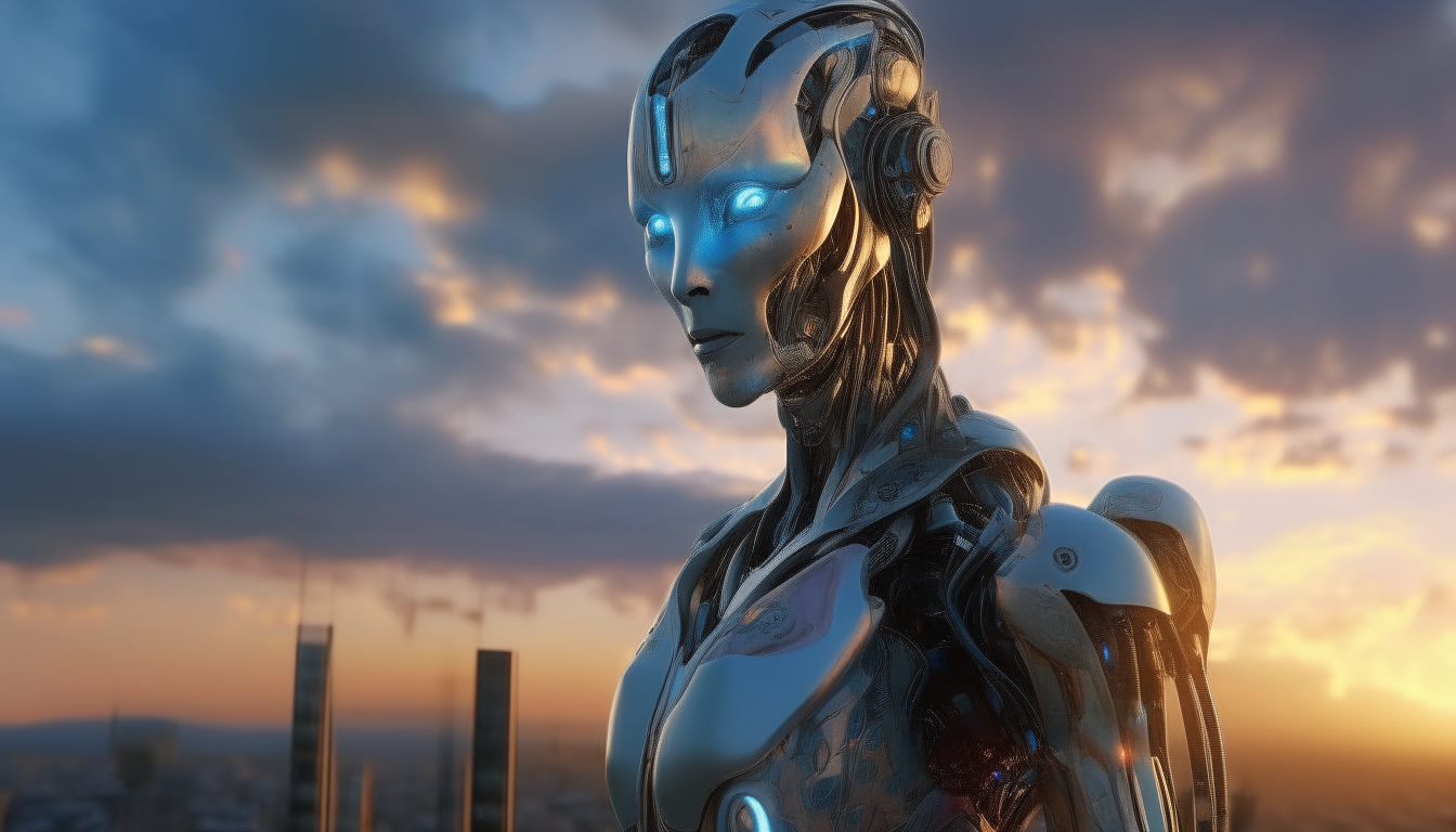 a beautiful chrome cyborg with glowing blue eyes standing in the street of a highly advanced futuristic alien city at sunset, with cloudy skies overhead, highly detailed digital painting, 16:9 aspect ratio, 4k quality