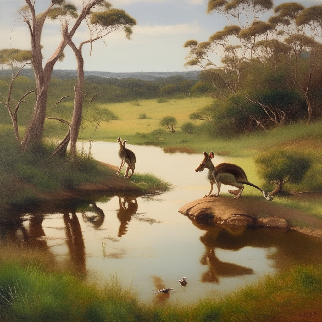 A pascal landscape where kangaroos are drinking by a pond