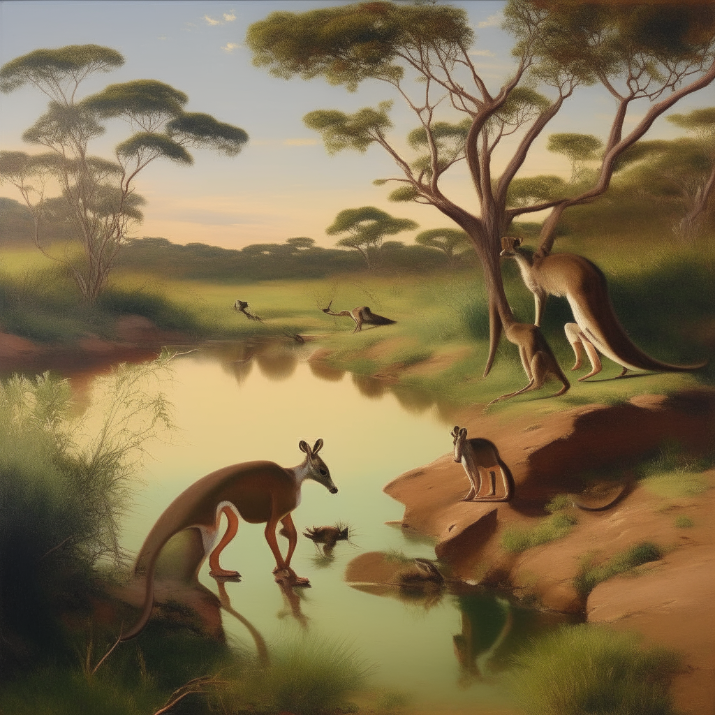 A pascal landscape where a mob kangaroos are drinking by a pond