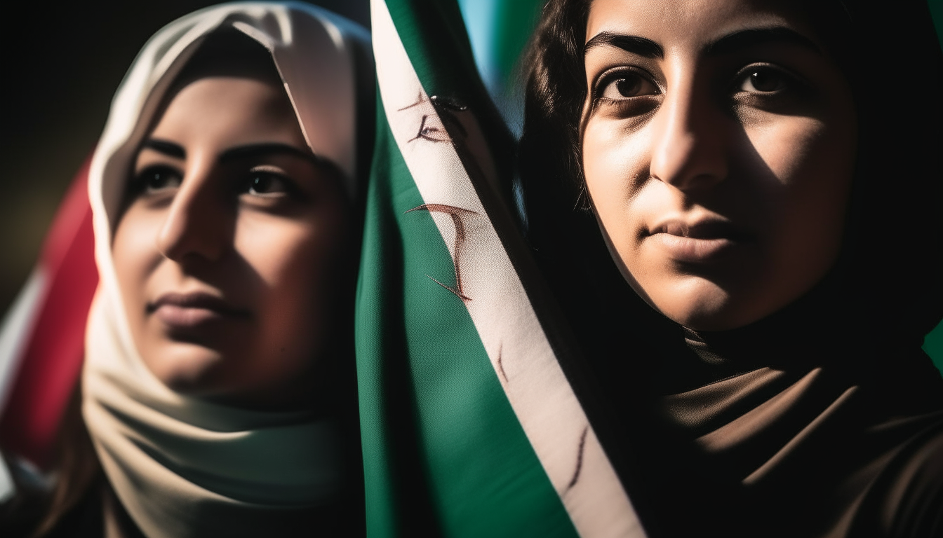 image of two Palestinian fighters standing holding weapons. has a very handsome and dashing face with a realistic photo concept, there is a Palestinian flag that looks quite dominant