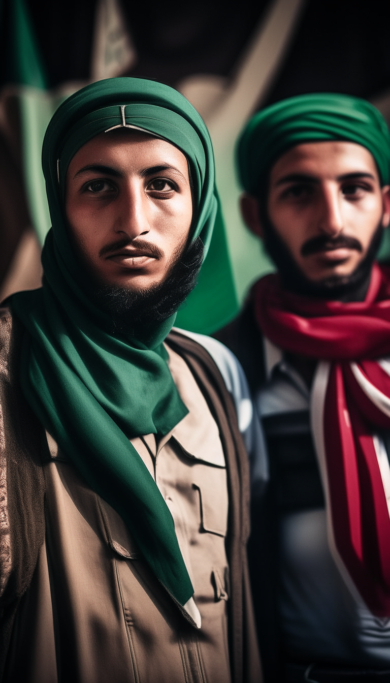 image of two male Palestinian fighters with their weapons. they are very handsome and dashing face with a realistic photo concept, there is a Palestinian flag in the back