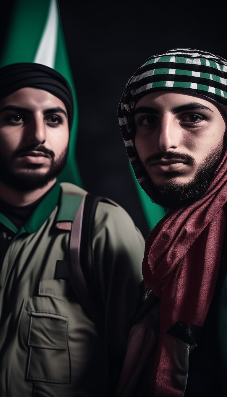 two male Palestinian fighters in uniforms with their weapons. they are very handsome and dashing face sharp eyes looking with a realistic photo concept, there is a Palestinian flag in the back