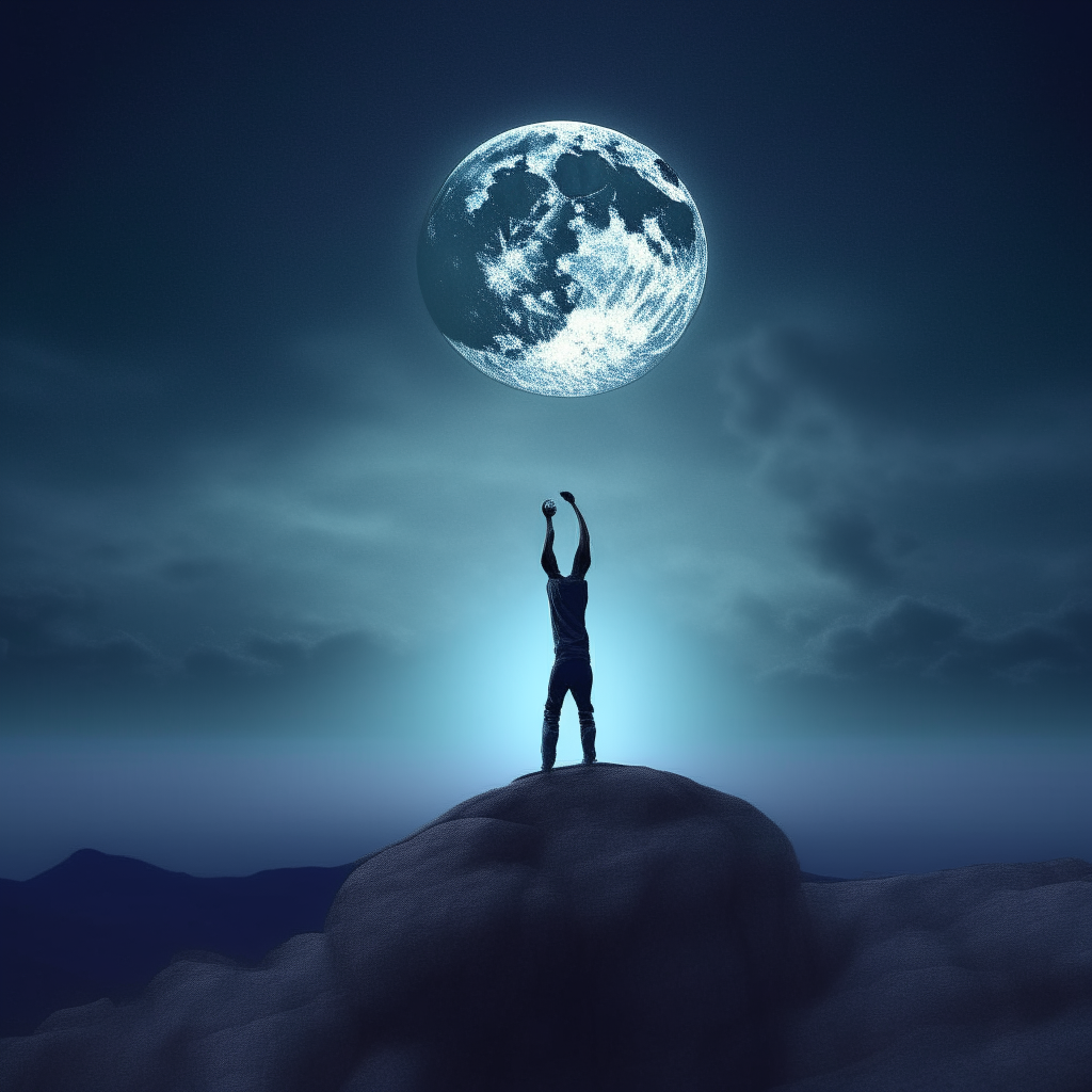 A dreamlike scene of a singer standing on a cliff at night, gazing longingly up at a huge full moon as they extend their arms toward it