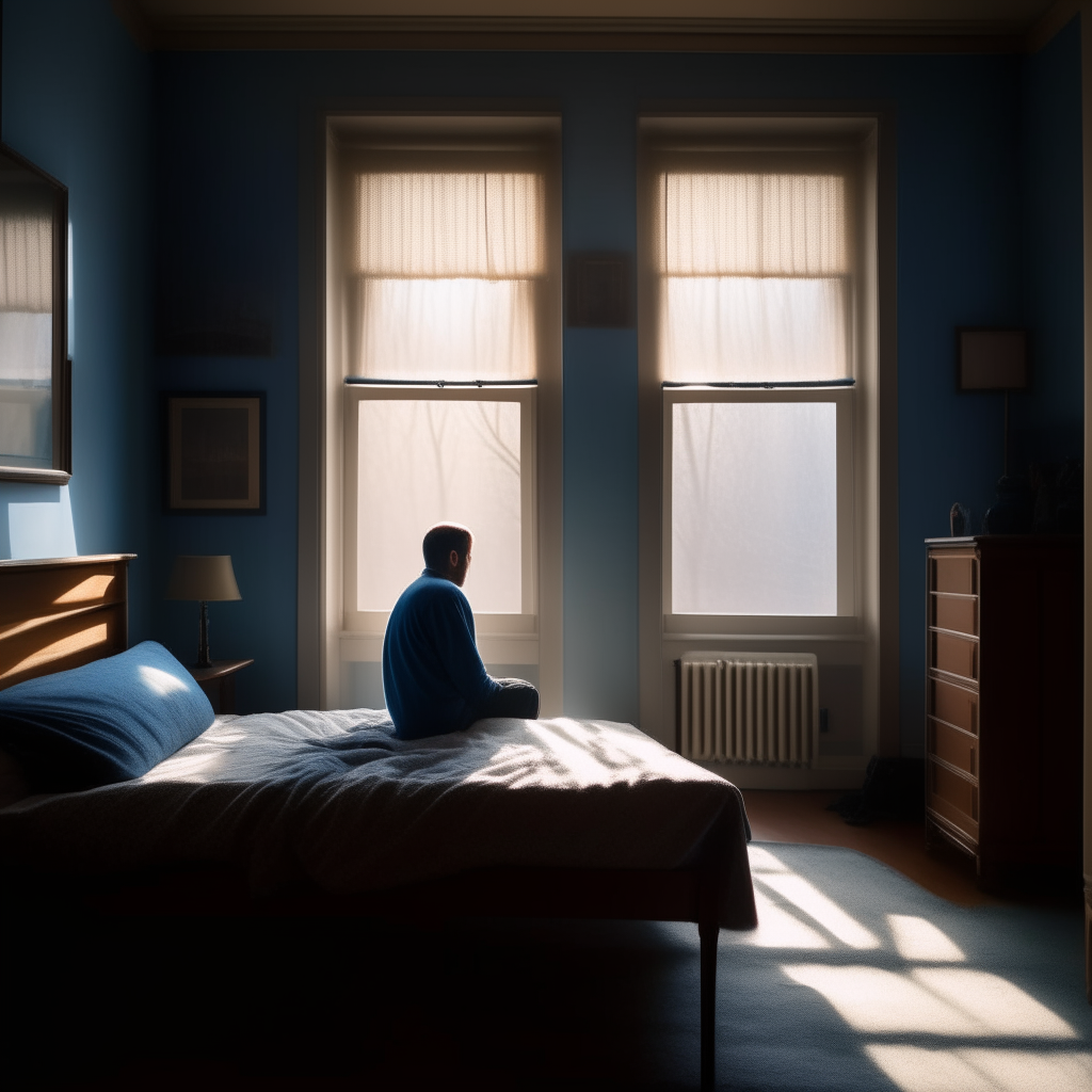 A man sits alone on an unmade bed in a sunlit bedroom. Warm sunlight streams through the window, illuminating part of the room, while other areas are cast in cool blue shadows, conveying a sense of lingering emptiness and isolation.