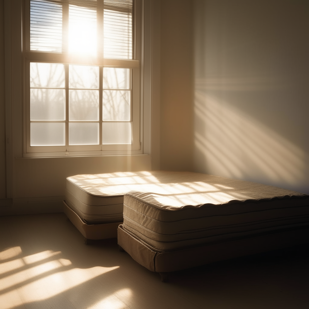 A bare mattress sits in a sparsely furnished room. Sunlight pours through a window on one side, bathing half of the mattress in golden light, while the other half remains in the shadows, representing the emotional duality of presence and absence.