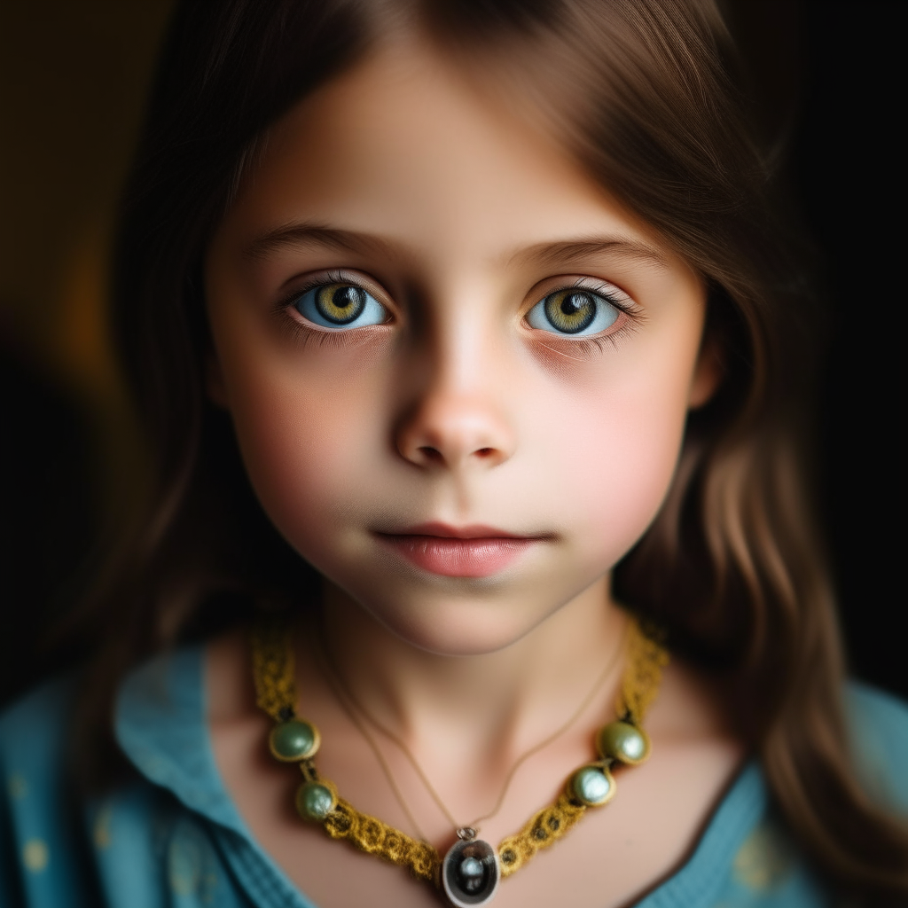 a close-up portrait of an 8-year-old girl with kind hazel eyes and a charming locket around her neck