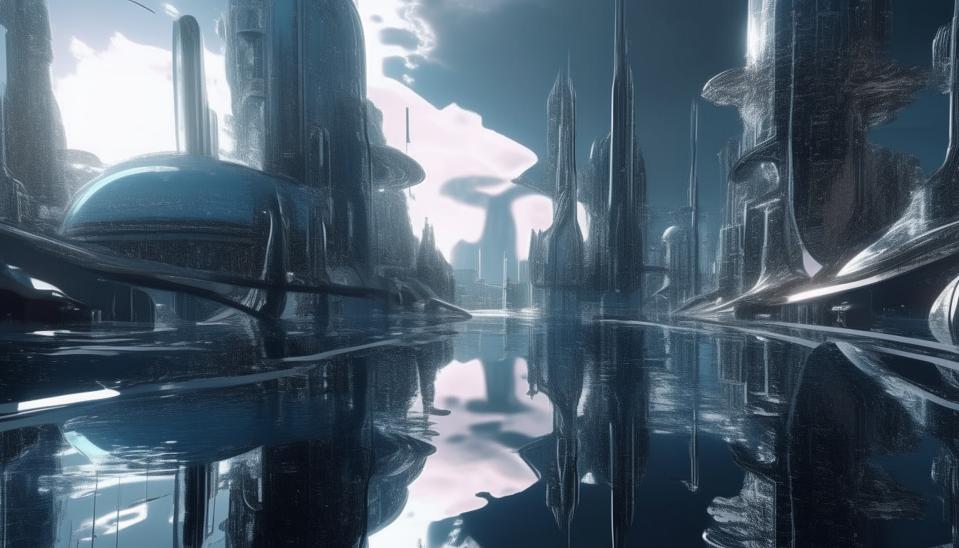 futuristic city made from silver chrome, with reflective pools of liquid, cyborgs walking, cosmic sky above the mind control machine, highest level of intricate detail, 4K quality, dark sci-fi fantasy style