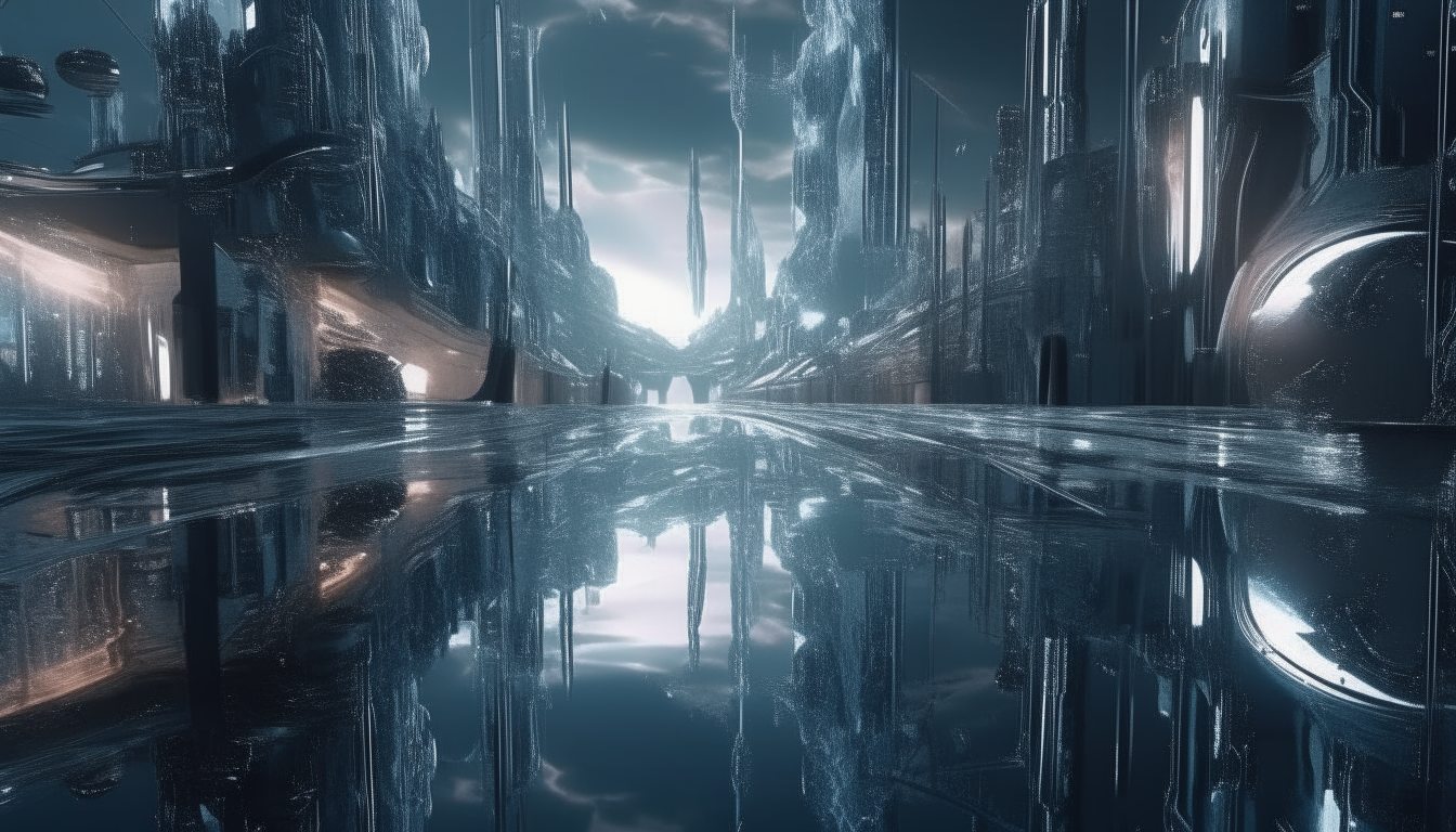 futuristic city made from silver chrome with highly reflective pools of liquid, cyborgs walking under a cosmic sky, extremely intricate details and textures, cinematic 4K resolution, dark sci-fi fantasy style