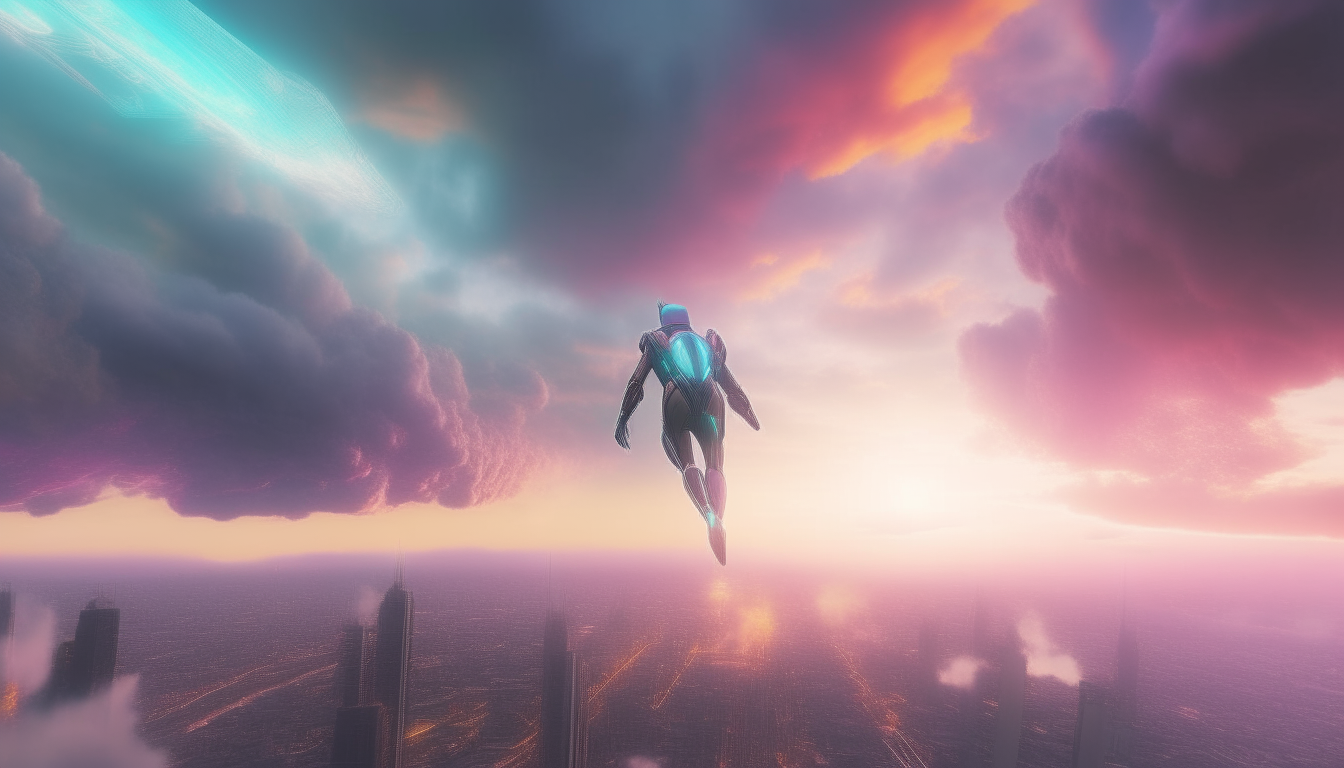 a cyborg flying through wispy colored lights and clouds, descending towards a futuristic cityscape landscape stretching into the distance, 16:9 aspect ratio, extremely high level of detail, 4k resolution, sci-fi fantasy style