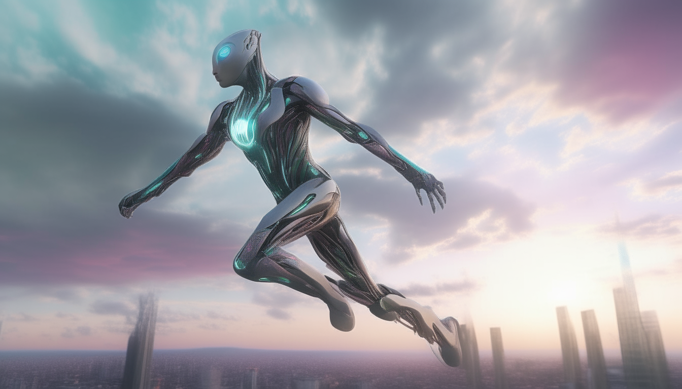 a silver chrome cyborg flying through wispy colored lights and clouds, descending towards a futuristic cityscape landscape stretching into the distance, 16:9 aspect ratio, extremely high level of detail, 4k resolution, sci-fi fantasy style