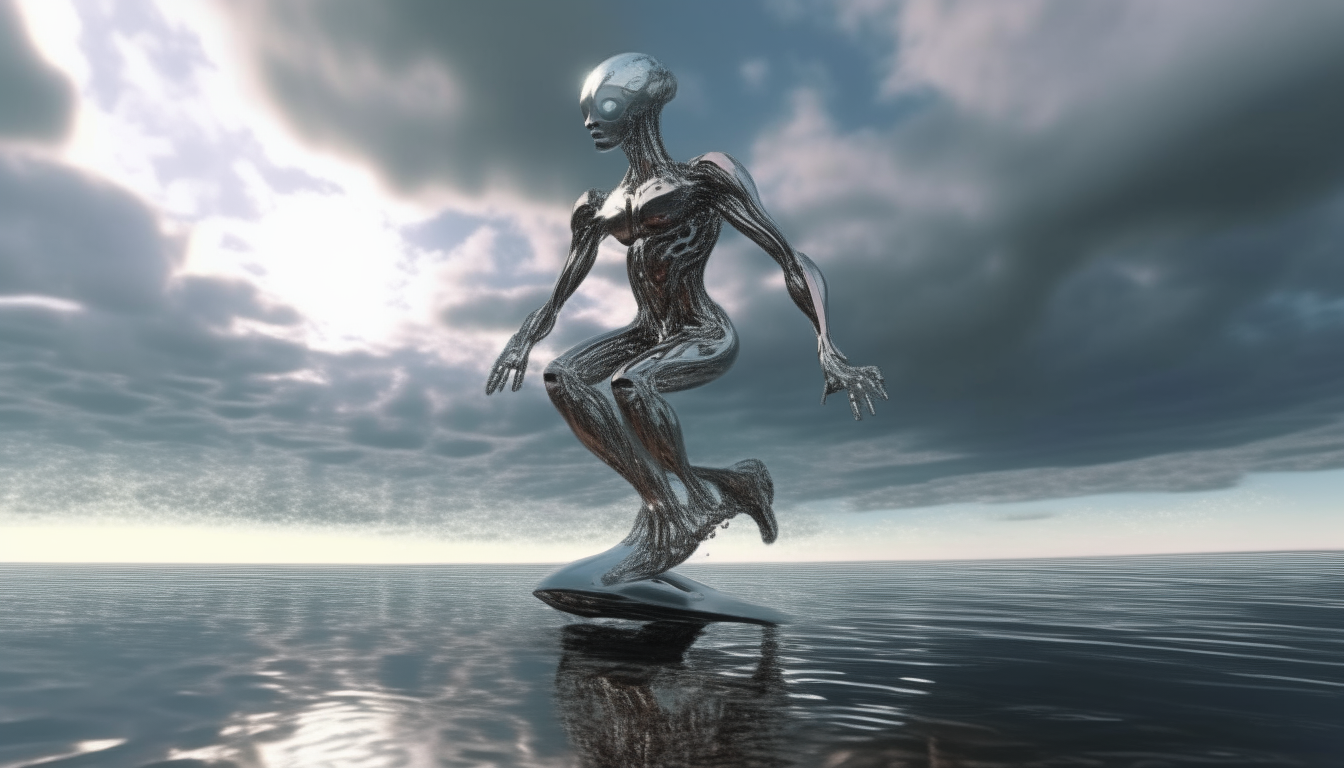 silver chrome cyborg flying over reflective futuristic living biomechanical alien ocean with cloudy cosmic sky in background, extremely high level of detail, 4k resolution, 16:9 widescreen aspect ratio, sci-fi fantasy style