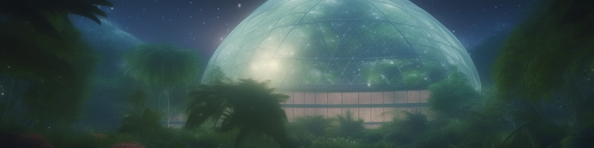 beautiful futuristic garden of eden underneath a huge clear dome with stars of the cosmos visible above, extremely detailed, 4k resolution, 6.9 aspect ratio, sci-fi fantasy style