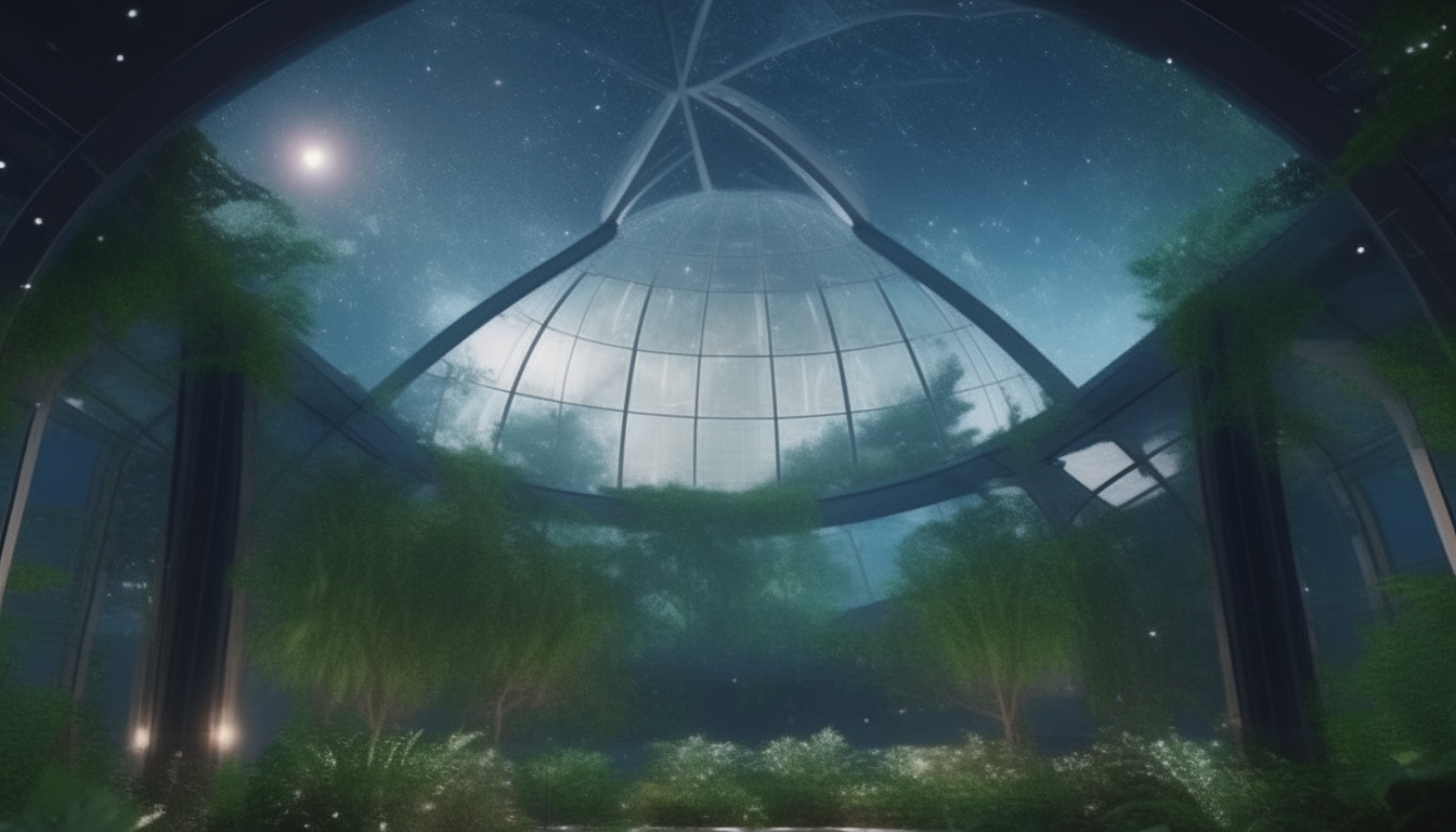 inside view of beautiful futuristic garden of eden underneath a huge clear dome with stars of the cosmos visible above, extremely detailed, 4k resolution, 16:9 widescreen aspect ratio, sci-fi fantasy style