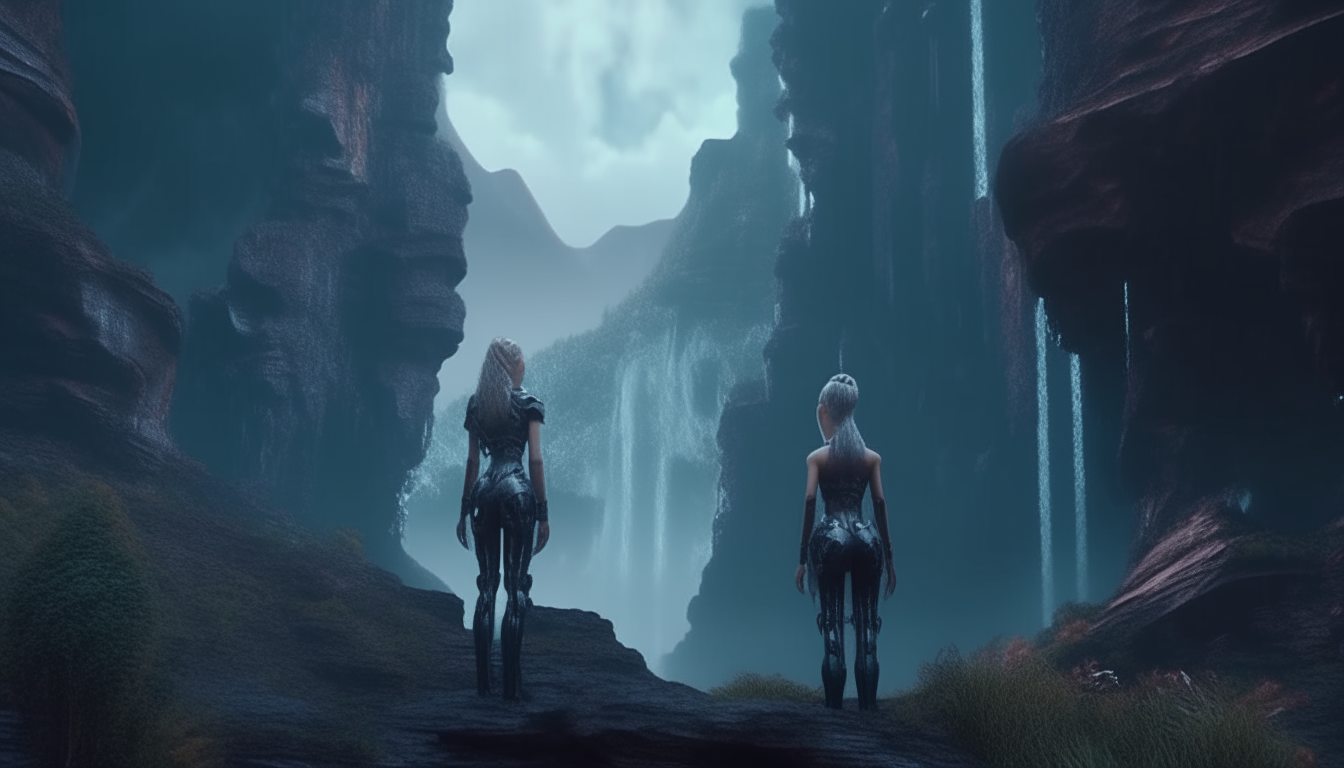 two beautiful cyborg goddesses standing on a cliff, looking at a alien landscape with waterfalls and strange living pulsating flora, extremely detailed textures, 4k resolution, 16:9 aspect ratio, dark sci-fi fantasy style