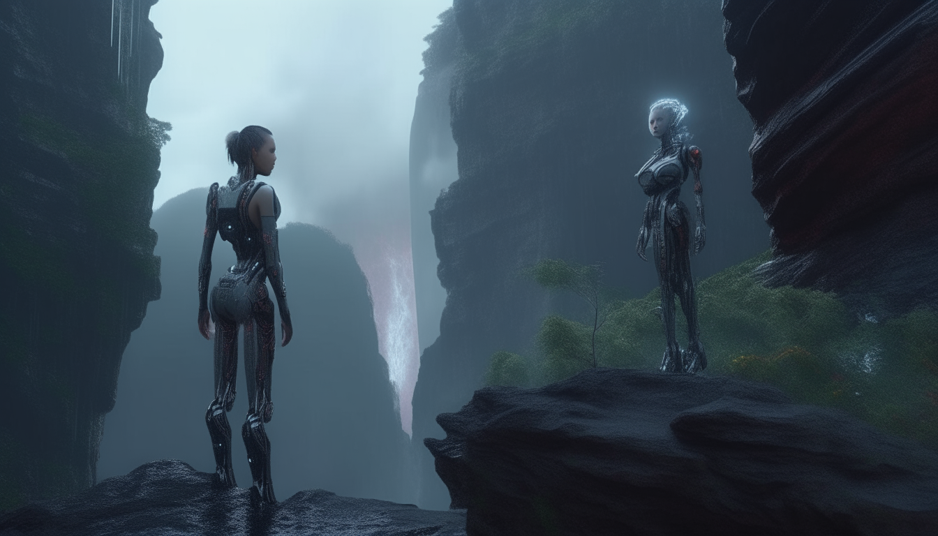 two beautiful cyborg goddesses with robotic body parts visible, standing on a cliff looking at an alien landscape of waterfalls and strange living flora, highly detailed textures, 4k resolution, 16:9 widescreen, dark sci-fi fantasy