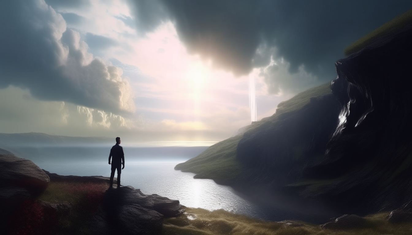 a man standing on a cliff looking across a strangely fantastic alien landscape stretching into the distance, with a reflective river flowing, water spouts whirling down from the cloudy sky with sunbeams shining through gaps in the clouds, extremely detailed 4k resolution image, 16:9 widescreen aspect ratio, dark sci-fi fantasy style