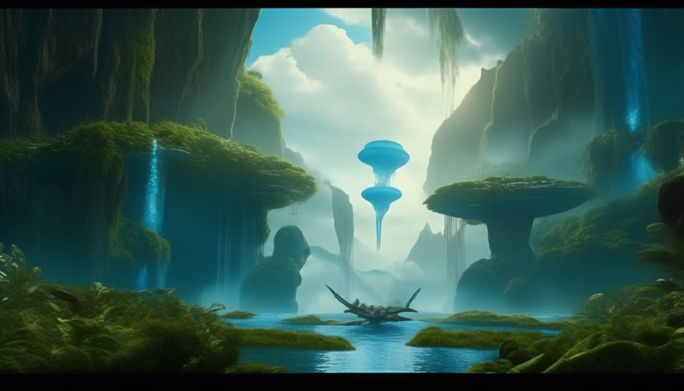 scene from the film Avatar with floating islands covered in flora, cloudy sky filled with waterfalls and sunbeams shining through, magical fantasy atmosphere, extremely detailed 4k image, 16:9 widescreen aspect ratio, sci-fi fantasy style