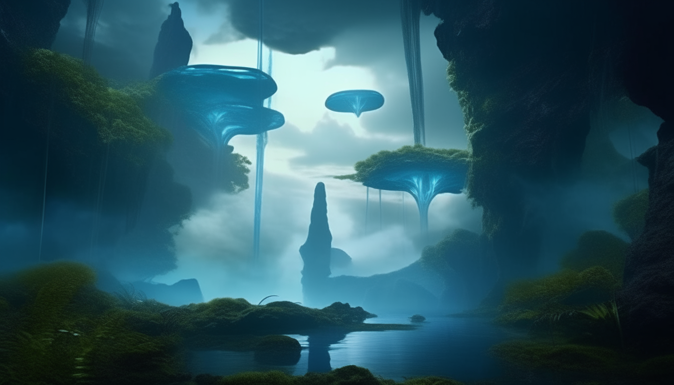 scene from Avatar film with floating islands covered in alien flora, cloudy sky filled with waterfalls and beams of light shining through, highly detailed 4k image, 16:9 widescreen, sci-fi fantasy style