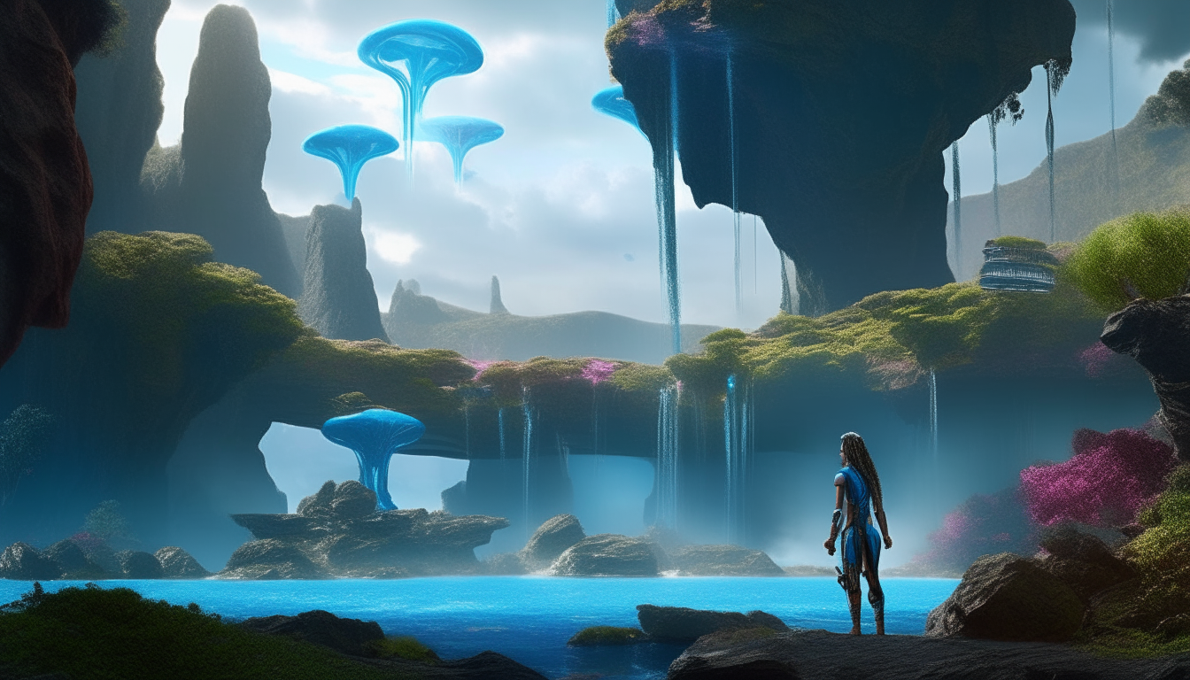 scene from Avatar film showing waterfalls pouring from floating islands covered in colorful alien flora, with a silver chrome cyborg standing on a cliff in foreground looking across landscape, extremely detailed 4k resolution widescreen image