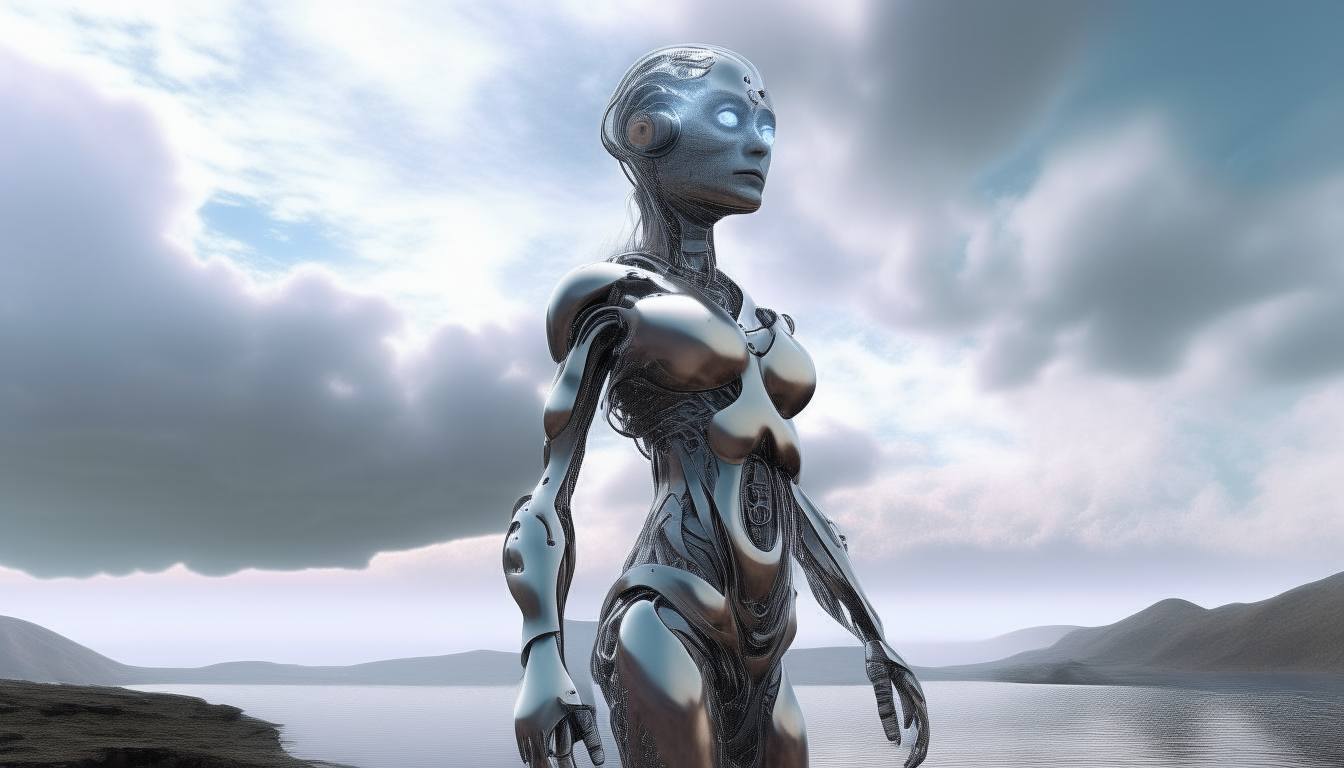 a silver chrome humanoid female cyborg looking with a smile on her face across a strangely beautiful alien landscape stretching into the vast distance, with water spouts falling from the clouds above