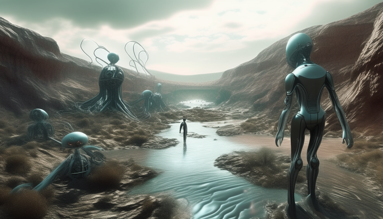 a strange alien landscape stretching into the distance with a flowing stream made from living metallic biomechanical subatomic particles, with cyborg robots looking on