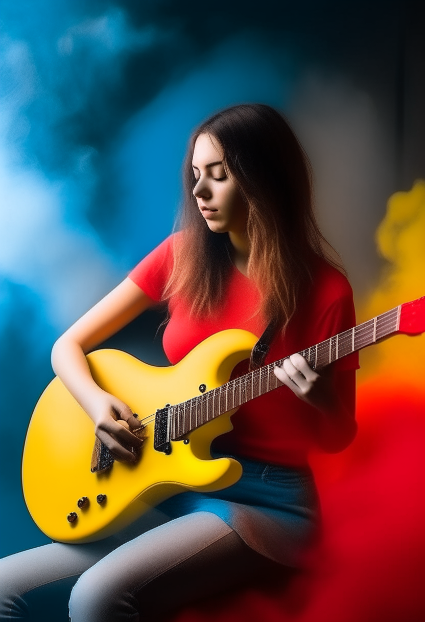 A beautiful girl plays the guitar in red and yellow colors and medium-density blue smoke rises around her as she sits in a private place. 