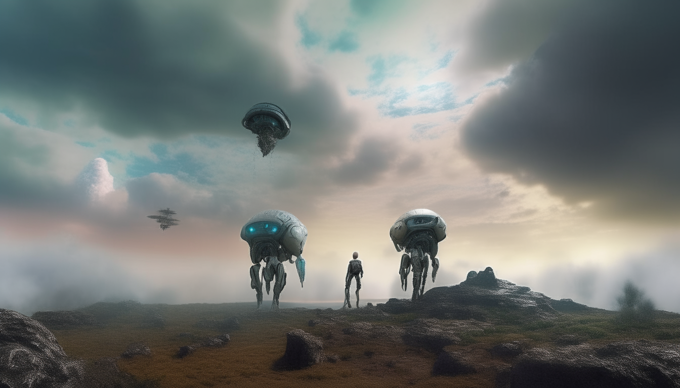 robotic cyborgs exploring the living bio surface of a fantastic alien landscape stretching into the vastness of horizontal views with cosmic clouds flying past in the sky above