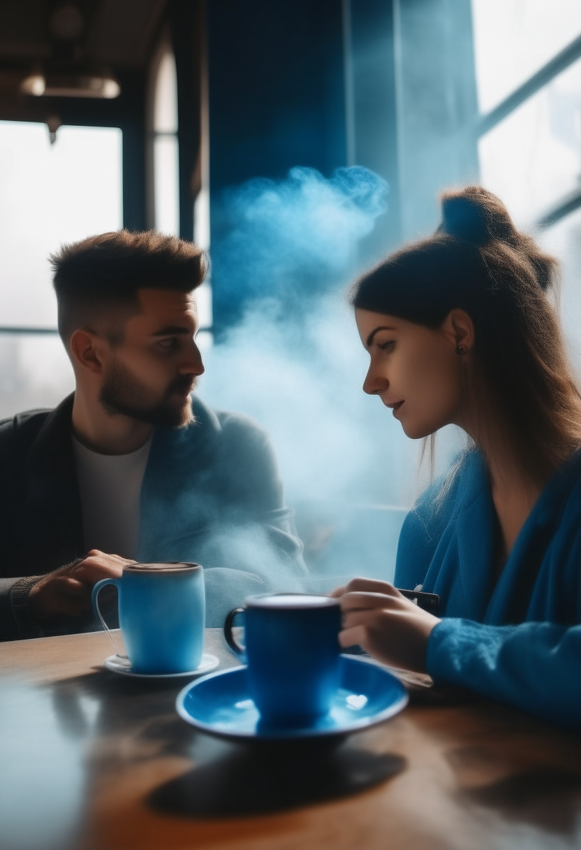 A man with his girlfriend in a cafe, drinking coffee in a beautiful view, with medium-density blue smoke moving around them 