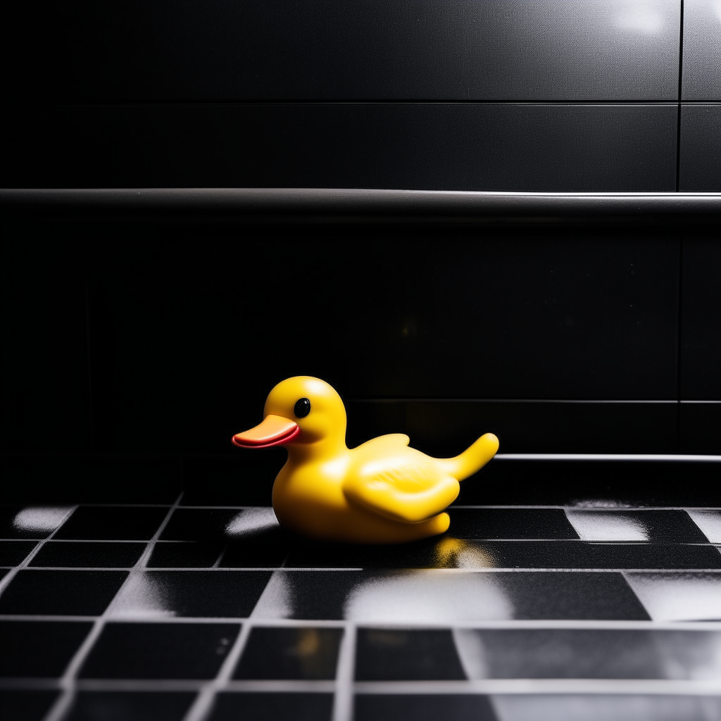 a yellow rubber duckling floating in a white bathtub, surrounded by black tiles on the walls and floor