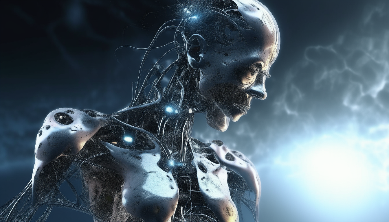 a robot cyborg with reflections of moving cosmic clouds on him, with his living biomechanical wires and probes twisting and moving around linking him to the cosmos