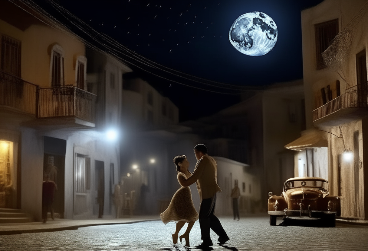 Una escena nocturna de calles con 'fueye' y 'rioba' bailando tango bajo la luz de la luna