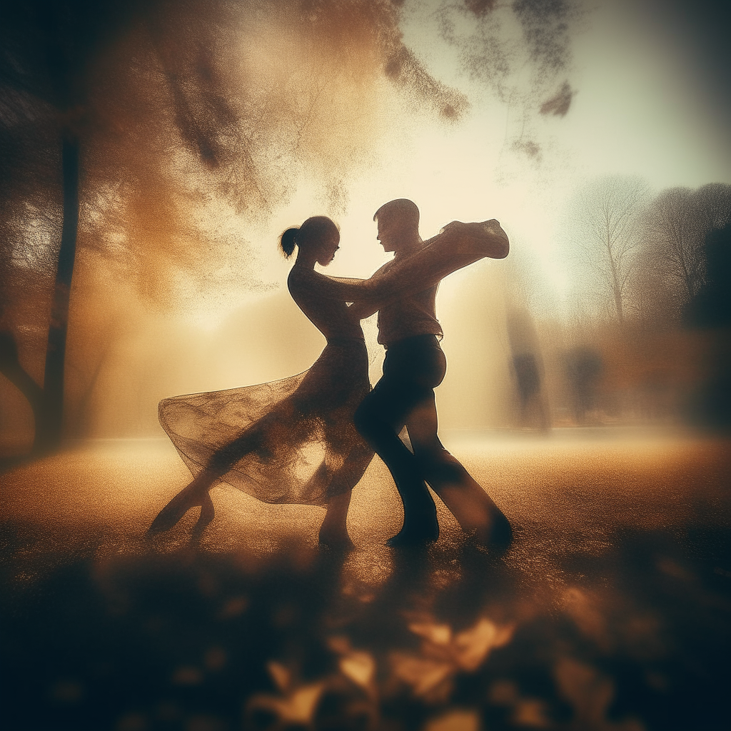 A double exposure photograph of a dancing couple, reminiscent of tango, in the style of Martin Dietrich, Nikon 14-24mm lens, soft evening light, nature photography