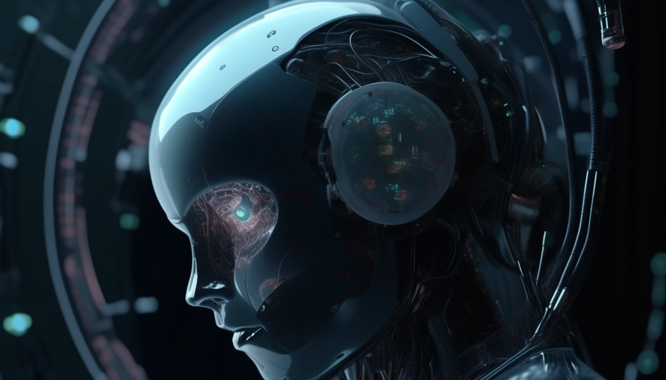 a robot cyborg with a clear domed head showing the inside computorised workings and a revolving planet hologram with biomatrics spilling out into the cosmos, highly detailed, 4K quality, dark sci-fi fantasy style