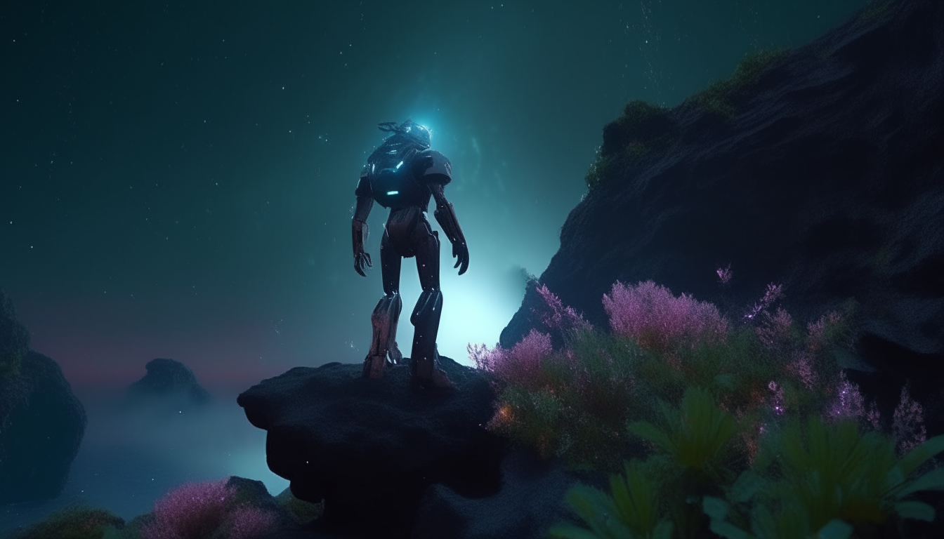 a robotic cyborg standing on a floating flora covered rocky island surrounded by the vastness of a galaxy, with shooting stars wizzing past, highest level of detail, 4K quality, dark sci-fi fantasy style