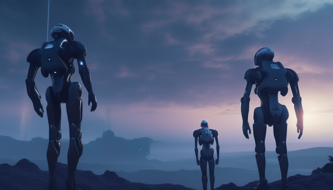 beautiful robot cyborgs looking across a vast atmospheric alien world stretching into the distance, with a galactic sky above them, highest level of detail, 4K quality, dark sci-fi fantasy style 16:9 aspect ratio