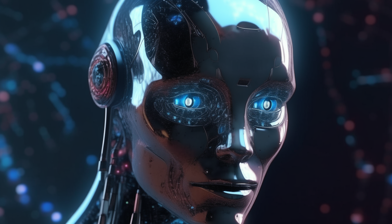 a beautiful robot cyborg with holographic eyes, clear liquid running over its reflective polycarbonate structured face, with cosmic forces and galaxies of space passing by in the background, 16:9 aspect ratio, extremely high level of detail, 4K quality, dark sci-fi fantasy style