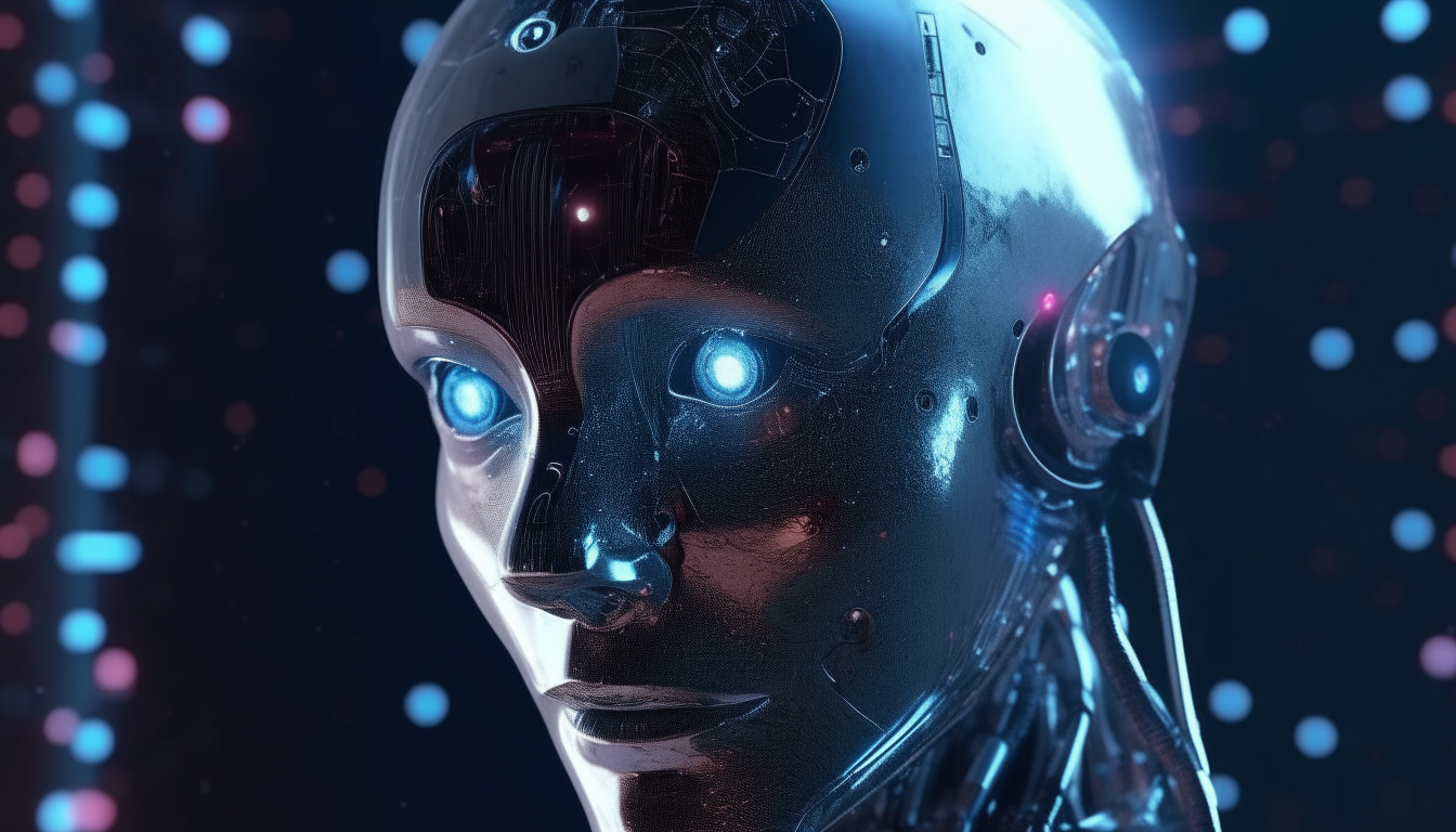 a beautiful robot cyborg with holographic eyes, clear liquid running over its reflective polycarbonate structured face, with cosmic forces and galaxies of space passing by in the background, 16:9 aspect ratio, extremely high level of detail, 4K quality, dark sci-fi fantasy style