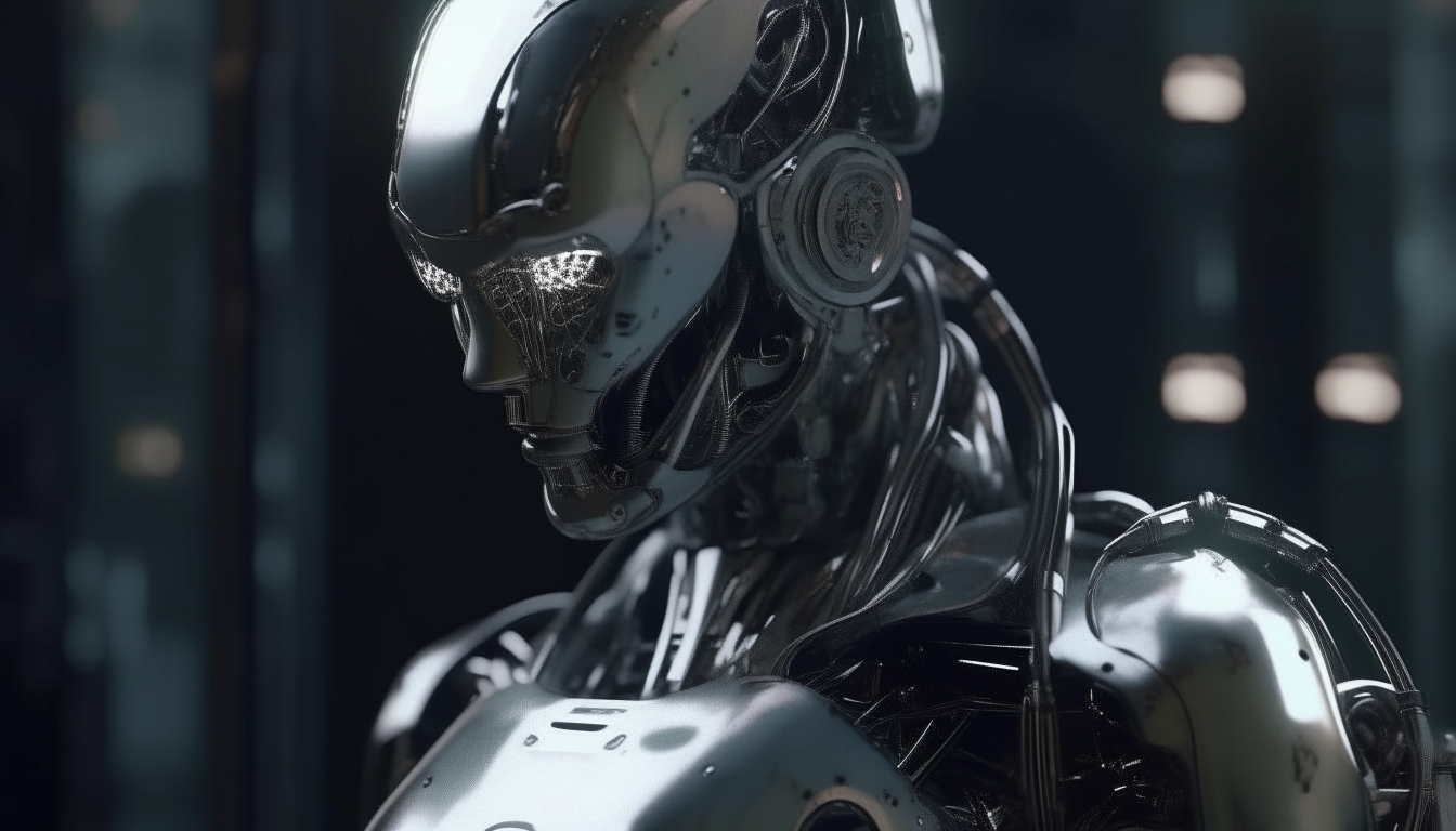 a silver chrome robot cyborg using a hud interface in the creation of a new world, 16:9 aspect ratio, extremely high level of intricate details, 4K quality, dark sci-fi fantasy style