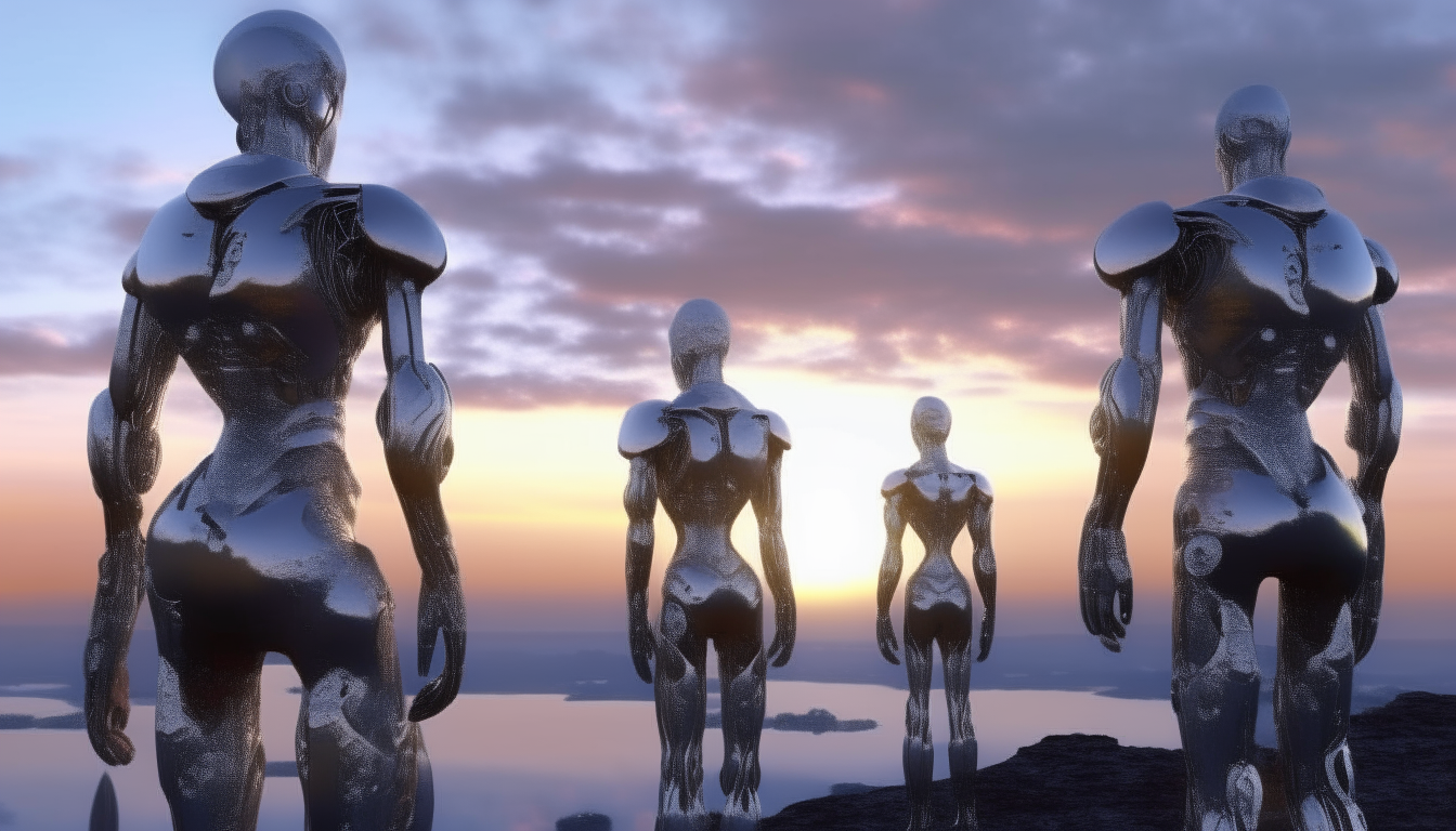 a group of silver chrome cyborgs looking across a new world's landscape with a cosmic, sunset sky, liquid droplets falling, 16:9 aspect ratio, extremely high level of detail, 4K quality, dark sci-fi fantasy style